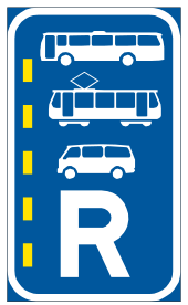 Bus, minibus & tram lane right reservation sign